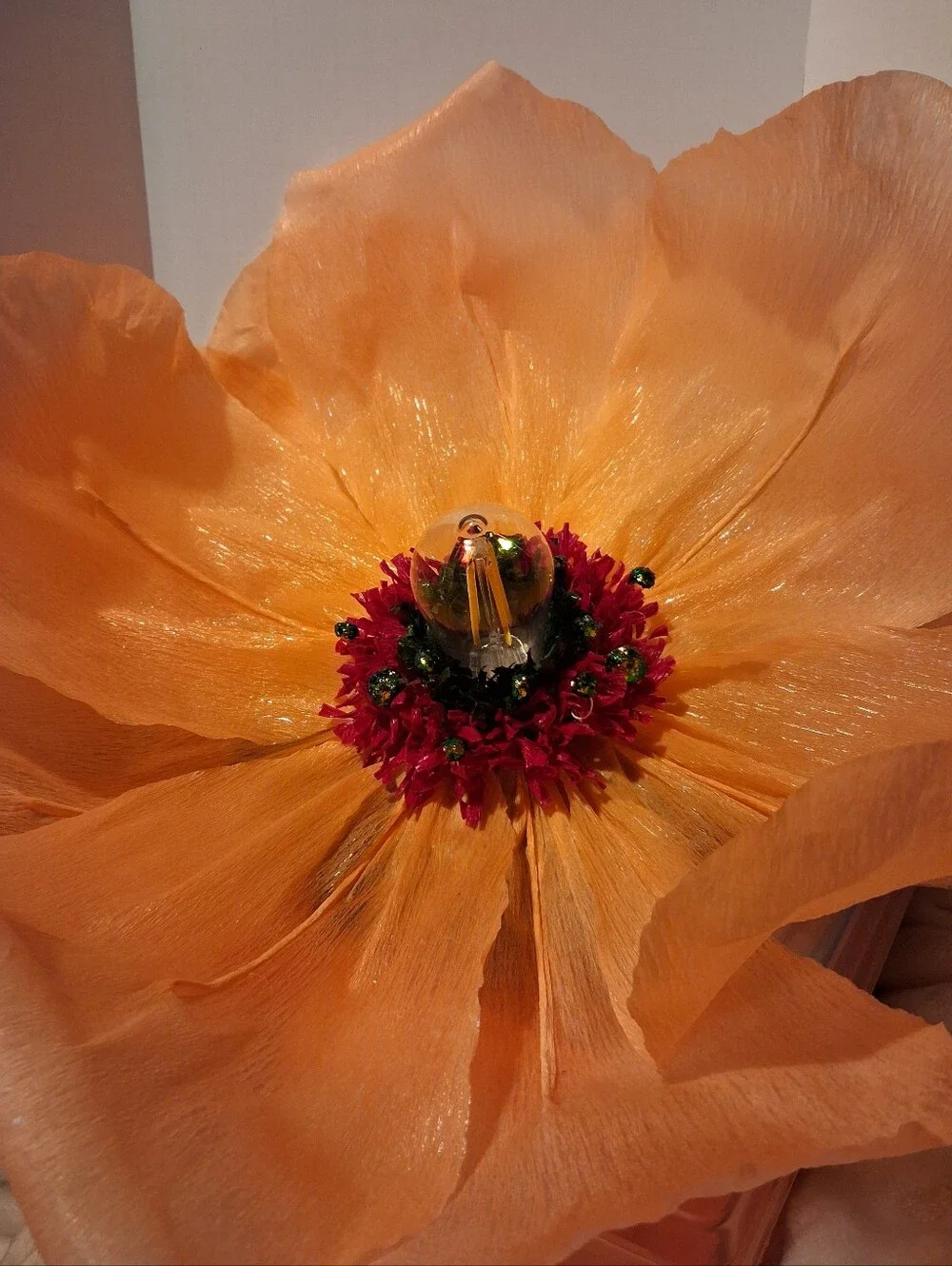 Handcrafted Large Peach Italian Crepe Paper Flower Hanging Lamp, LED